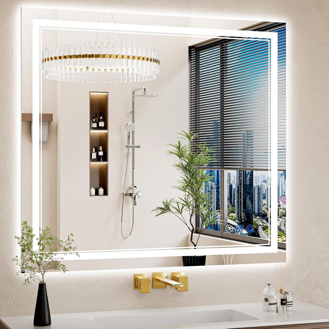 36"x40" LED Bathroom Mirror with Lights, Anti-Fog, Backlit + Front Lit, Dimmable, Led Vanity Mirror for Wall, Lighted Bathroom Mirror, 3 Colors, Shatter-Proof Tempered Glass