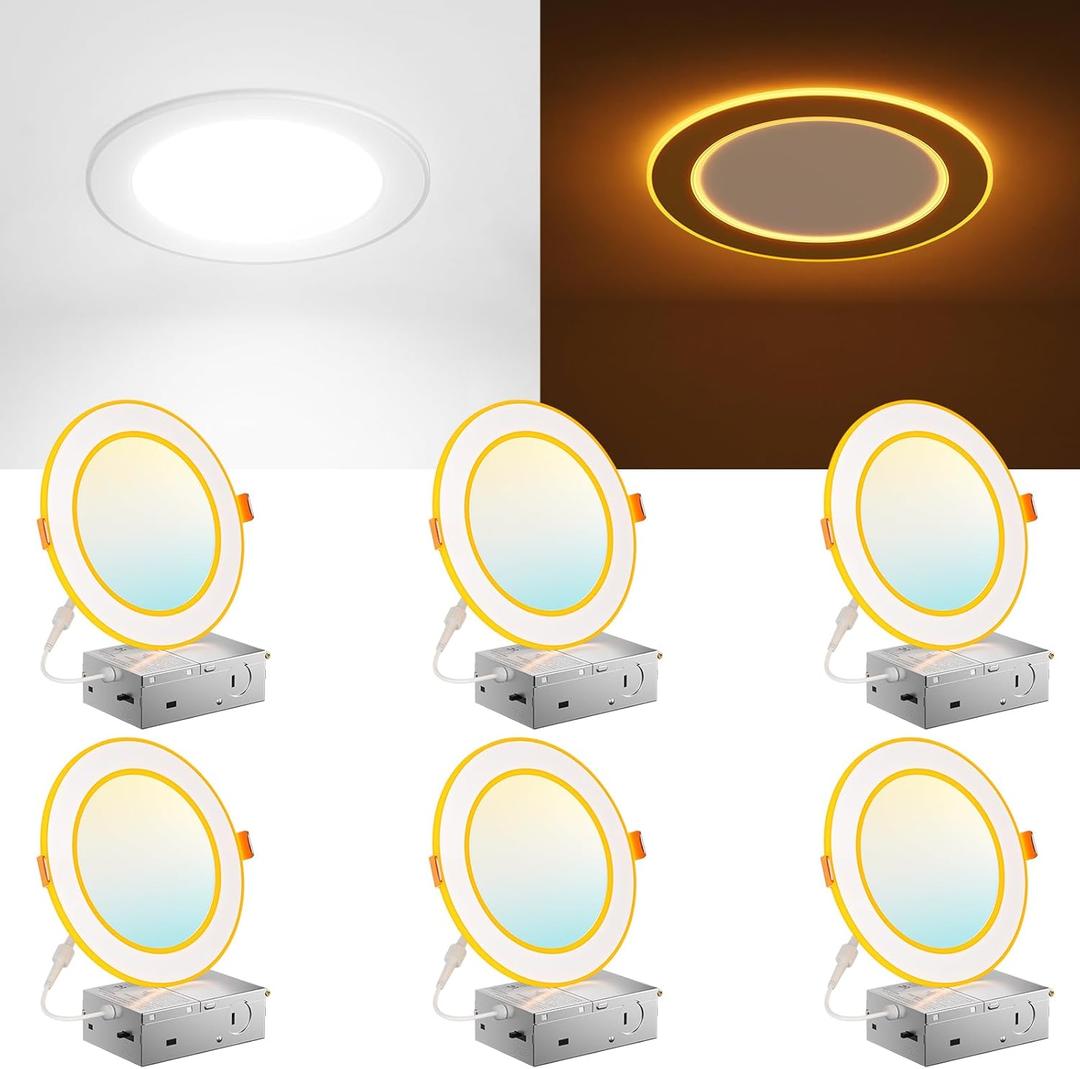 Amico 6 Pack 6 Inch 5CCT LED Recessed Ceiling Light with Double Ring Night Light, 2700-5000K Selectable Ultra-Thin Recessed Lighting, 12W=110W, 1100LM, Dimmable Canless Wafer Downlight, ETL, FCC