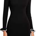 Women's Long Sleeve Ruffle Knit Mini Dress Boat Neck Bodycon Short Going Out Party Sweater Dresses Fall (Medium, Black)