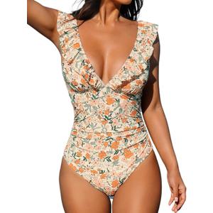 CUPSHE Women's Ruffled One Piece Swimsuit V Neck Lace Up (Medium, Orange Ditsy Print)