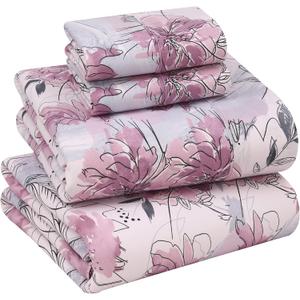 RUVANTI 100% Cotton Sheets Queen Size Set, 4 Pieces, Soft & Breathable Percale Weave Bedding, Deep Pocket 16", Hotel Standard, Crisp Cool Feeling, Durable, Perfect Floral Bed Sheet, Lilac Floral