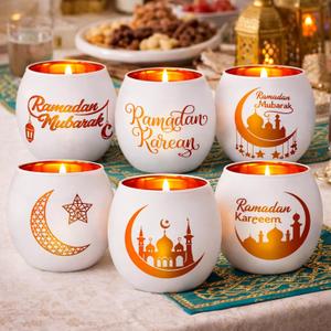FoldTier 6 Pcs Ramadan Table Decor Ramadan Mubarak Candle Holders Glass Eid Mosque Decoration Votive Tealight Candle Holders for Muslim Gift Tabletop Centerpieces Islamic Party Home Decoration