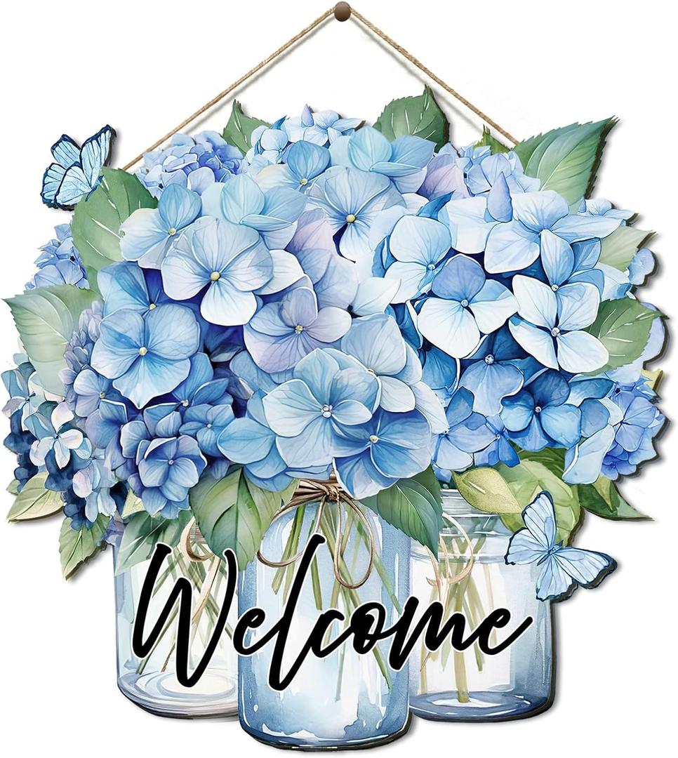 COLOR VALLEY ART Welcome Sign Front Door Decor, Hydrangea Decor Farmhouse Wall Signs Decorations for Porch, Home, Housewarming Gift for New House Home Apartment, Wooden Florals Door Hanger (Blue-12.9L''x12.9W'')
