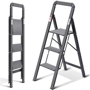 KINGRACK Aluminium 3 Step Ladder, Lightweight Step Stool with Non-Slip Pedals, Handrail, 330 LBS Foldable Step Ladder for Kitchen, Garage, Home, Space Saving, Sturdy and Portable, Black