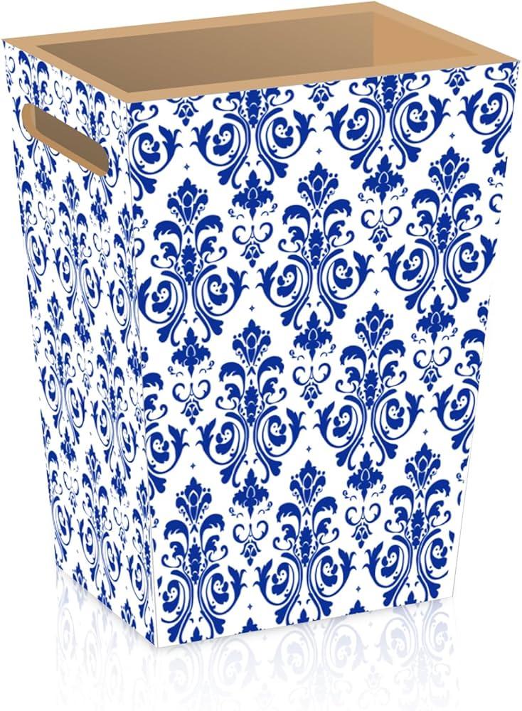 Blue and White Floral Ceramic Trash Can, Gallon Small Bathroom & Kitchen Garbage Bin, Decorative Waste Basket for Bedroom, Office, Hotel – Elegant Floral Design, Heavy Duty, Size: 12 inches and 11 inches 