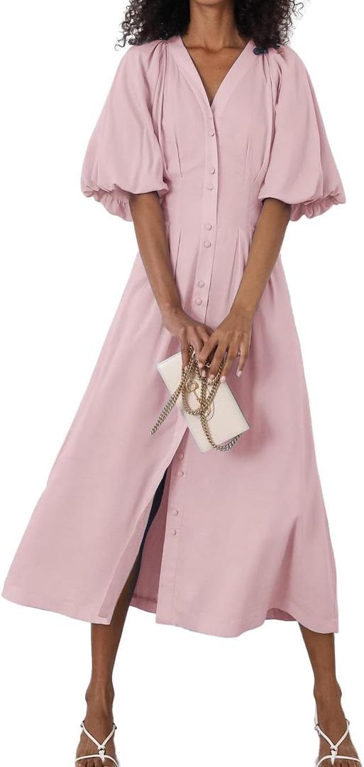 chouyatou Women Summer Puff Sleeve Button Down Shirt Dress Flowy Elegant Business Casual Midi Long Dress (Small, Pink)