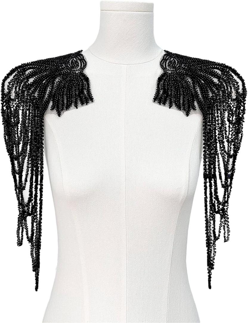 1 Pair Handmade Rhinestone Applique for Clothes, Sparkle Crystal Sewing Patches for Wedding Dress, Glass Beads Fringe Epaulettes for Shoulder Bodice Jacket Party Embellishment (Black)