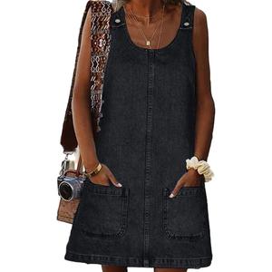 BZB Women's Sleeveless Casual Denim Dress Crewneck Vintage Loose Jean Overall Dress with Pockets (Medium, Black)