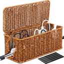 Cable Organzier Box, Handwoven Imitation Rattan Power Strip Cover Cable Management Box, 2 Open Slots Cord Organizer Box Cord Storage Basket for Computer Router USB Hub and Power Strip (Medium, Brown)
