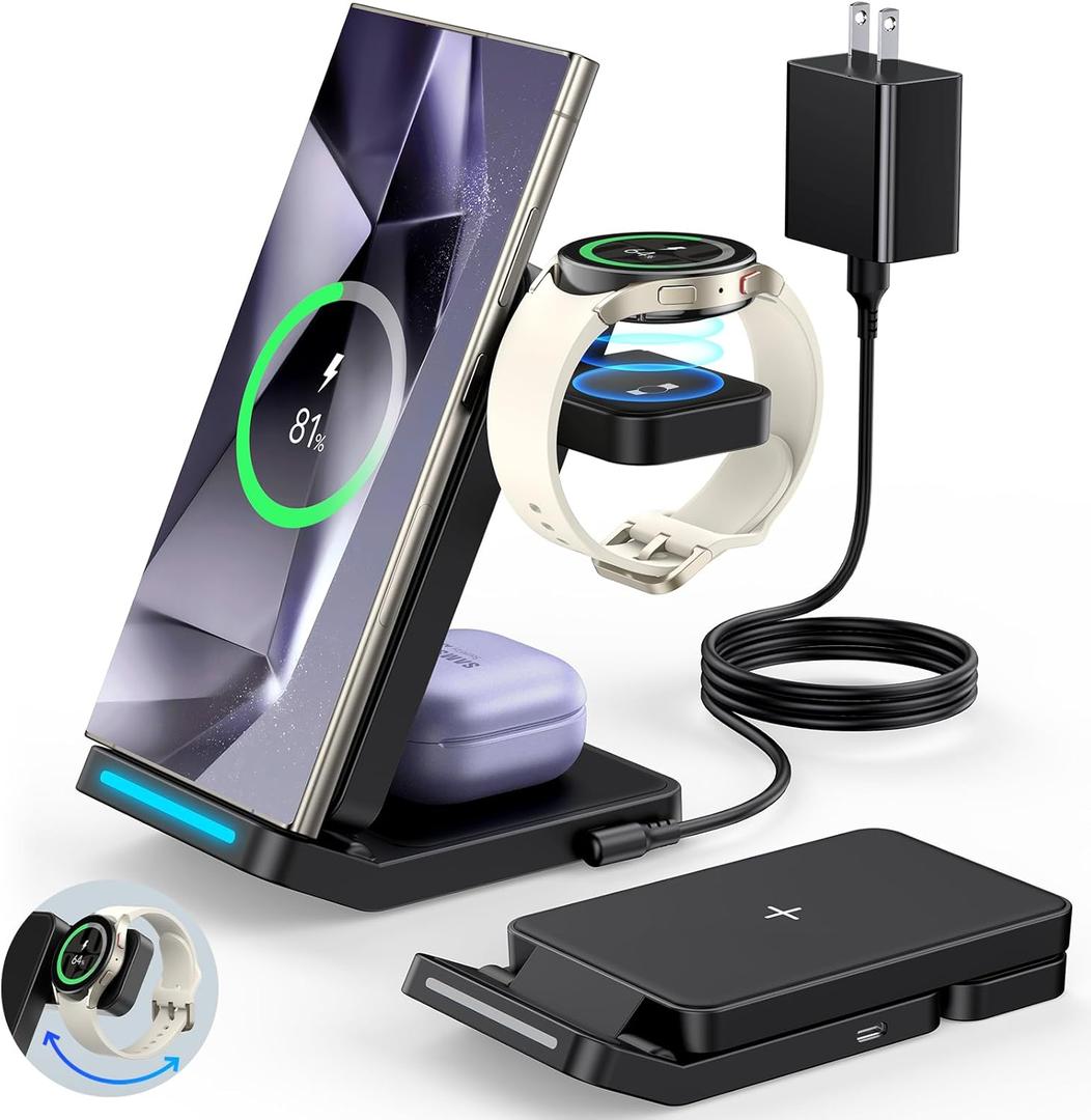 Foldable Wireless Charger for Samsung, 3 in 1 Fast Wireless Charging Station Stand for Samsung Galaxy S25 Ultra S24/S23/S22/S21/Note/Z Fold 7 ZFlip 7/6/5,Galaxy Watch 8/Ultra/7/6/5, Galaxy Buds, Black