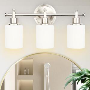 imizdlum 3-Light Bathroom Vanity Light Fixtures, Brushed Nickel Compact Wall Sconce with White Glass Shade for Mirror, Bathroom, Living Room, Modern Style, E26 Base, 15.75 Inch
