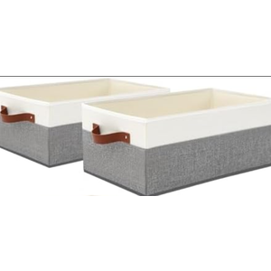 2 Pack Large Capacity Storage Bins Closet Organizer for Shelves, Fabric Closet Storage Baskets Boxes with Leather Handles for Organizing Clothes, Sheets, Jeans, Toys, Books (Grey)