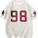 BEAUDRM Women's Y2K Jersey Shirts Oversized Number Crochet Hollow Out Jersey Tee Sweater Crew Neck Short Sleeve Knit T Shirts White and Red Large