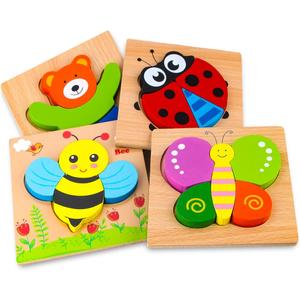 SKYFIELD Wooden Animal Puzzles for Toddlers 1 2 3 Years Old, Boys & Girls Educational Toys Gift with 4 Animal Patterns, Bright Vibrant Color Shapes, Customize Gift Box Ready