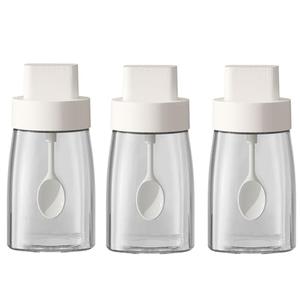 LOYUYU Kitchen Sodium Calcium Glass Spice Jars Seasonning Box Set of 3, Condiment Pots Spice Jars, Retractable Spoon and Lid Combination Design, Airtight Cap 9.7oz White