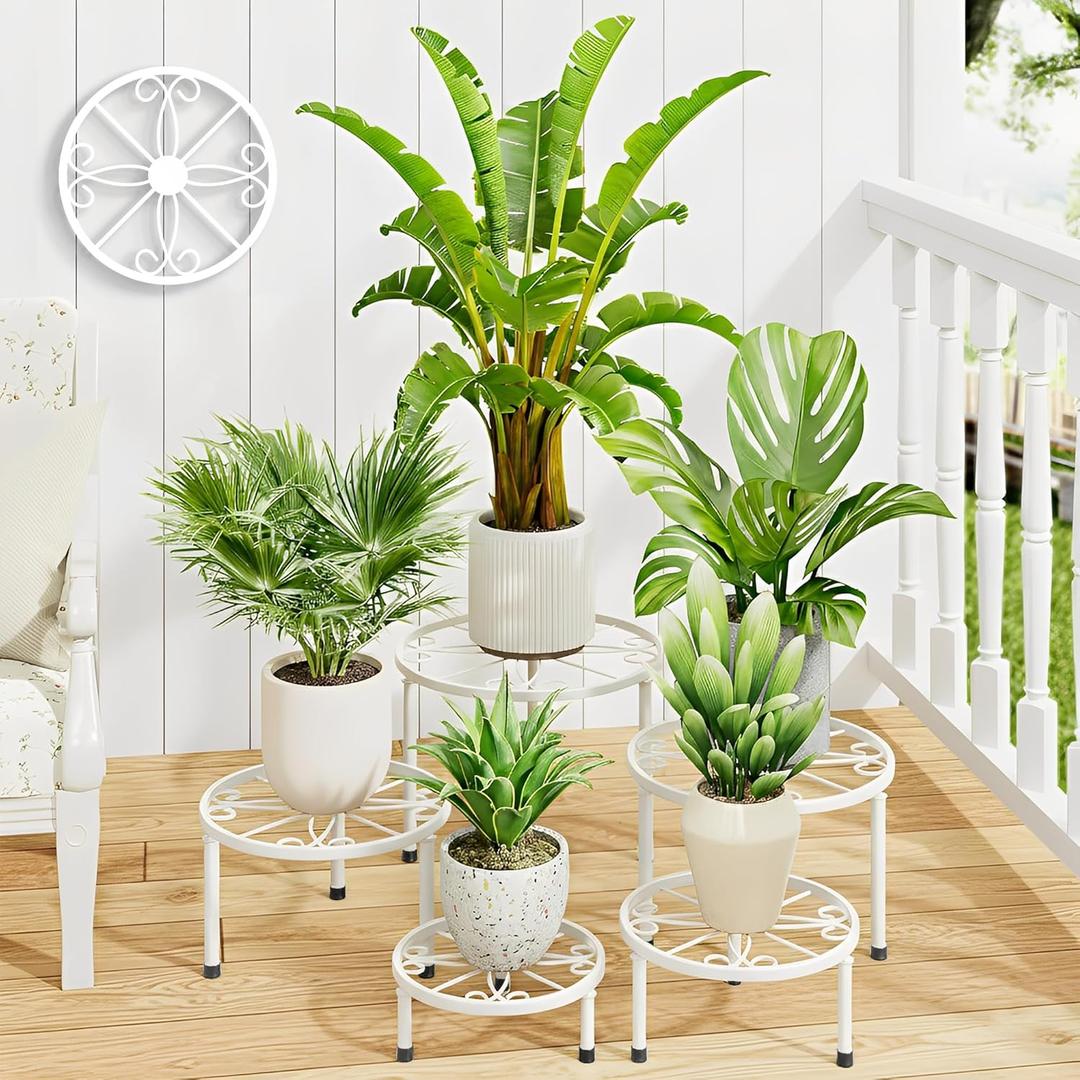 5 Pack Plant Stand Indoor Outdoor,Heavy Duty Black Iron Potted Stand Holder,Anti-Rust Iron Flower Pot Stand Decoration Racks Plant Display Shelf for Living Room, Garden, Balcony(WhiteS)