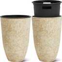 WORTH Garden 2-Pack 21" H. Beige Tall Planters with Inside Pots - 14'' Dia Plastic Large Round Plant Tree Pots - Decorative Imitation Stone Finish for Indoor Outdoor Front Porch Container Patio