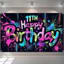 HOMETITUTE Neon 11th Happy Birthday Banner 71x43 Inch Paint Splatter Glow in The Dark Party Backdrop Colorful Wall Decor for Kids Boys Girls Eleventh Birthday Celebrations Photo Booth Props Event