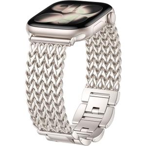 Metal Band Compatible with Apple Watch Bands for Women 40mm 41mm 42mm 38mm 44mm 45mm 46mm 49mm, Dressy Stainless Steel Link Bracelet, Designer Strap for iWatch Series 11/SE/10/9/8/7/6/5/4/3/2/1/Ultra (Starlight)