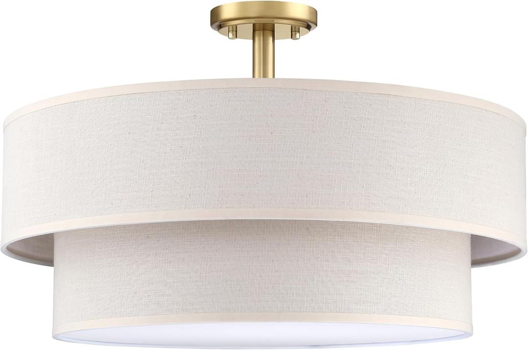 20 Inch LED 24W Adjustable 3000/4000/5000 2 Tier Drum Linen Fabric Shade Semi Flush Mount Close to Ceiling Light Fixture for Bedroom,Living Room,Dining Room Hallway(Gold)