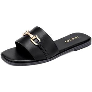 Lookyno Womens Flat Sandals Dressy Square Open Toe Summer Slides Sandals Slip on Comfortable Leather Sandals for Women 7