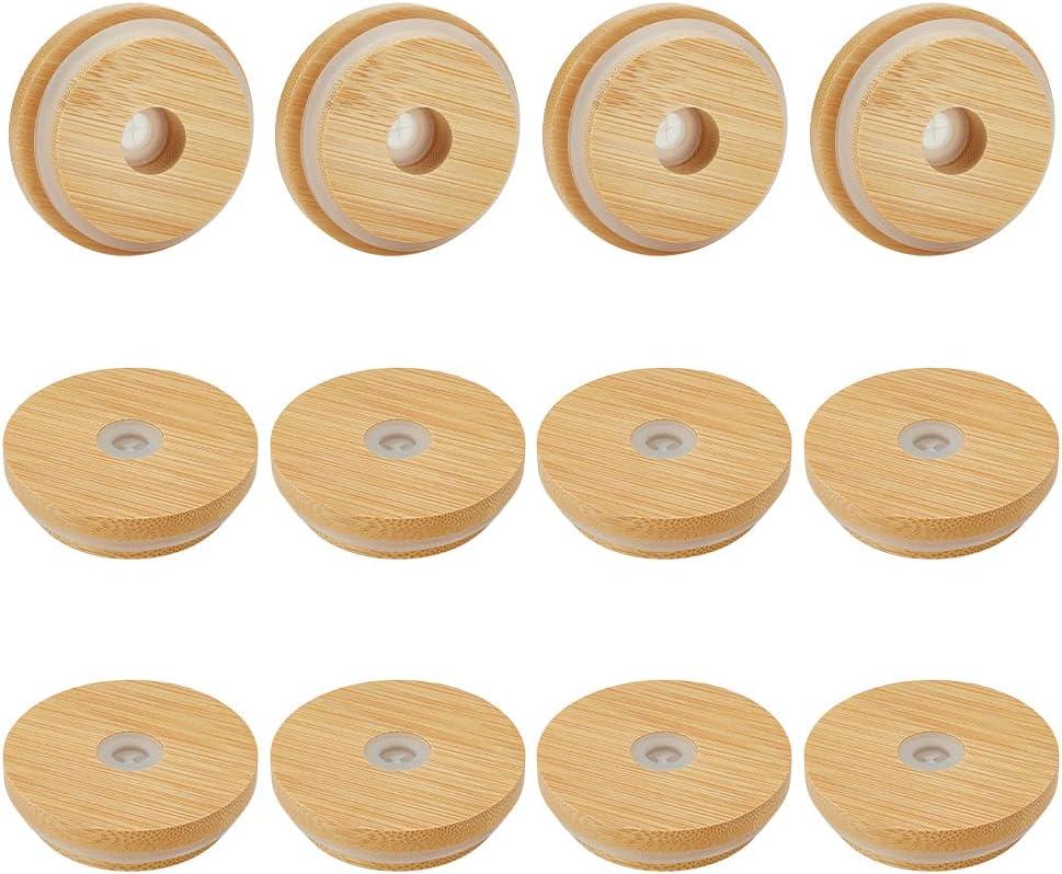 OLYCRAFT 12Pcs Bamboo Lids for Glass Cups 2.5 Inch Reusable Cup Lid with Straw Hole Wood Mason Jar Lids Replacement Beer Glasses Lid Wooden Lids with Leak-proof Silicone for Regular Mouth Beer Glasses