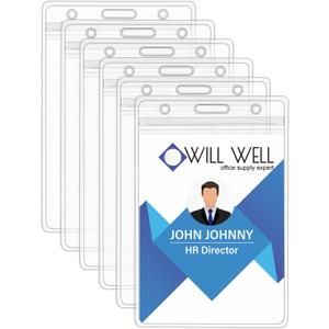 Will Well ID Badge Holders with Holes for Lanyards and Keyrings - Vertical Clear Plastic 2.5" x 3.7" Inner Size Sleeves Fit Up to 3 Cards, 0.8mm Thick Waterproof Resealable Zip Type - 6-Pack
