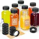 Syntic Clear Reusable Ginger Shot Bottles with Caps - 8 Pack 2 oz Small Square Glass Jars with 8 Sealed Conical Inner Caps & 8 Airtight Lids, Wide Mouth Juice bottles for Fridge, Extra Sticker, Funnel