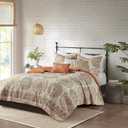 Madison Park Tangiers Quilt Modern Classic Design All Season, Breathable Coverlet Lightweight Bedding Set, Matching Shams, Decorative Pillow, King/Cal King(104"x94"), Circle Orange 6 Piece