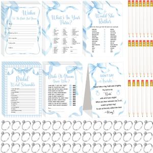 Estune 331 Pcs Bridal Shower Games Supplies, 5 Sets 250 Pcs Wedding Cards 1 Bridal Shower Games with 60 Rings and 20 Pencils (Blue Bow)