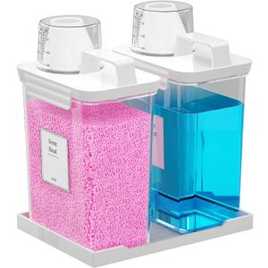 61OZ Laundry Detergent Dispenser Container, 2 Pack Liquid Laundry Dispenser, Plastic Detergent Dispensers for Laundry Powder/Fabric Softener with Tray 6 Labels, Clear
