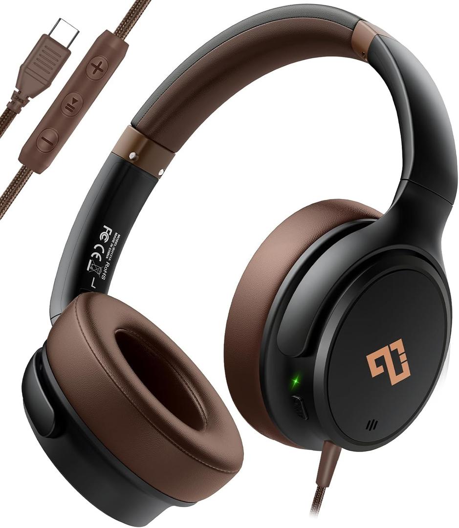 USB C Headphones Wired Headphones Over Ear with HD Mic, Foldable Active Noise-Canceling Headphone for iPad/Sports/School/Travel/iPhone 17/16/15, Samsung S25/S24, Google Pixel 9,Ideal Gifts-Brown