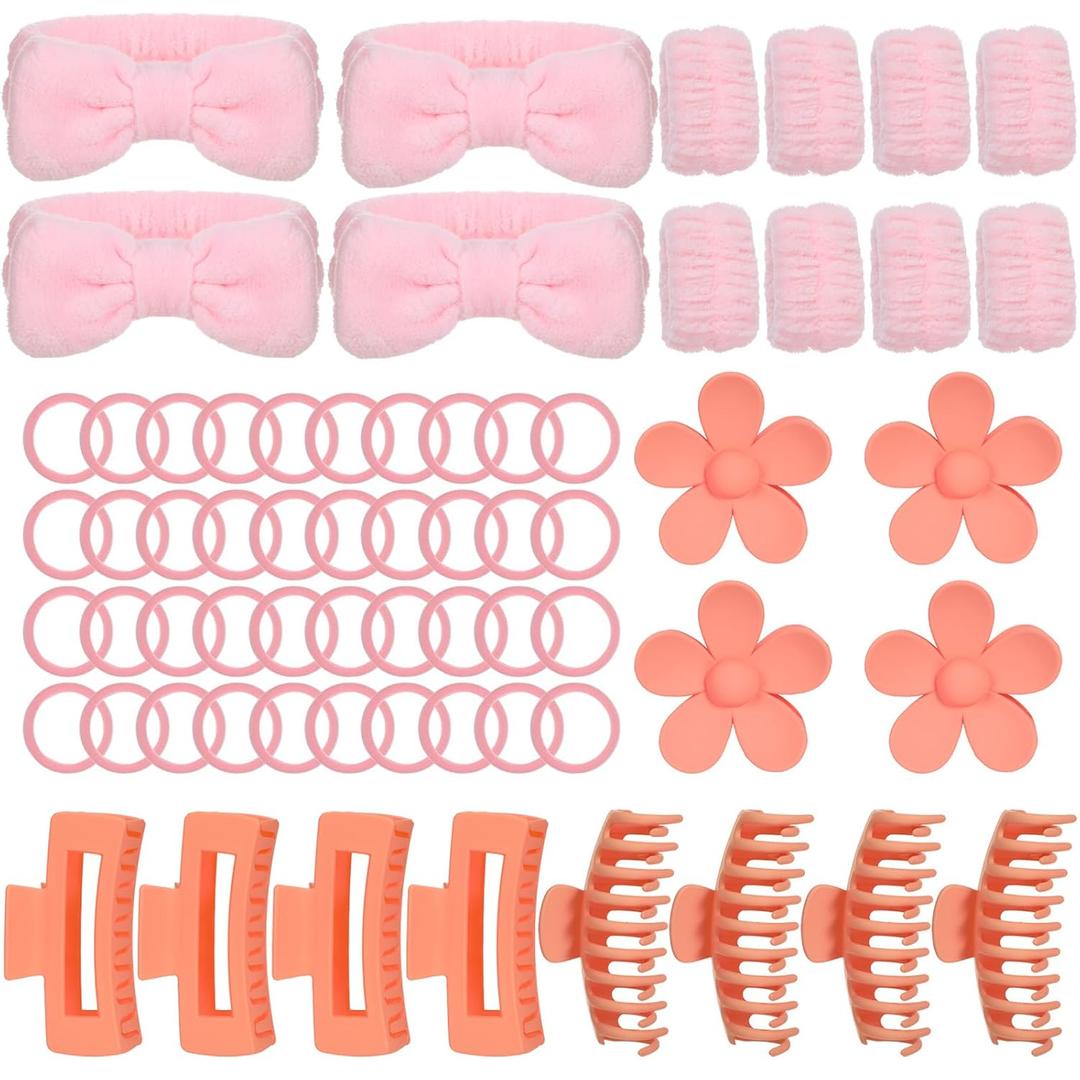 64 Pcs Spa Headband Set, Pink Skincare Headband & Wristband for Women and Girls, Non-Slip Spa Headbands with 4 Hairbands, 8 Wristbands, 12 Clips and 40 Ties, Self Care & Makeup Essentials