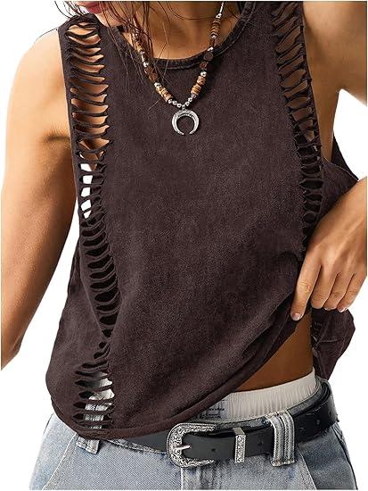 Women's Hollow Out Summer Sleeveless Tank Tops Washed Retro Rock Concert Outfits Tops Streetwear
