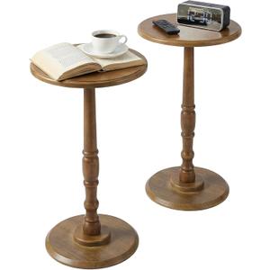 Small Side Table Living Room, Round Corner Table for Small Spaces Set of 2, Coffee Table with Solid Wood Pedestal Accent for Living Room, Corners, Bedroom, Bean Bag, Sofa Couch (Brown)