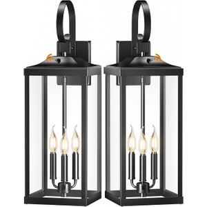 2 Packs 24" Extra Large Dusk to Dawn Light Fixture 3-Light, Black Outdoor Porch Lantern Wall Mounted, Waterproof Modern Outside Wall Sconce Coach Lamp with Tempered Glass for House, E12
