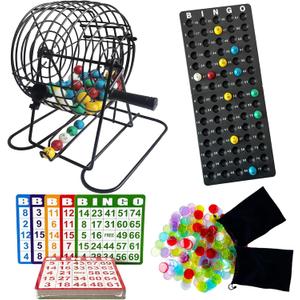 SEETOOOGAMES Deluxe Bingo Game Set - 8 Inch Metal Cage, 50 Paper Cards, 300 Colorful Clear Chips, Bingo Balls and Plastic Master Board, Great for Adults Large Groups, Familiy Games Nights Parties