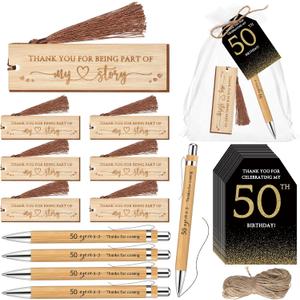 Sinload 25 Sets Birthday Favors for Guests 25 Thanks for Coming Bamboo Pens 25 Wooden Bookmarks 25 Cards with Organza Bag for Adult Birthday Wedding Anniversary Party Souvenir(50th)