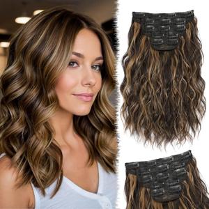 10 Inch Short Curly Clip in Hair Extensions 5Pcs Dark Brown Mix Caramel Blonde Curly Synthetic Hair Pieces Soft Thick Clip in Bob Hair Extensions for Women