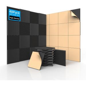 48 Pack Acoustic Foam Panels with Self Adhesive 12" X 12" X 1" Sound Proof Foam Panels for walls High Density Wedge Soundproof Wall Panels for Studio Office Gaming Room