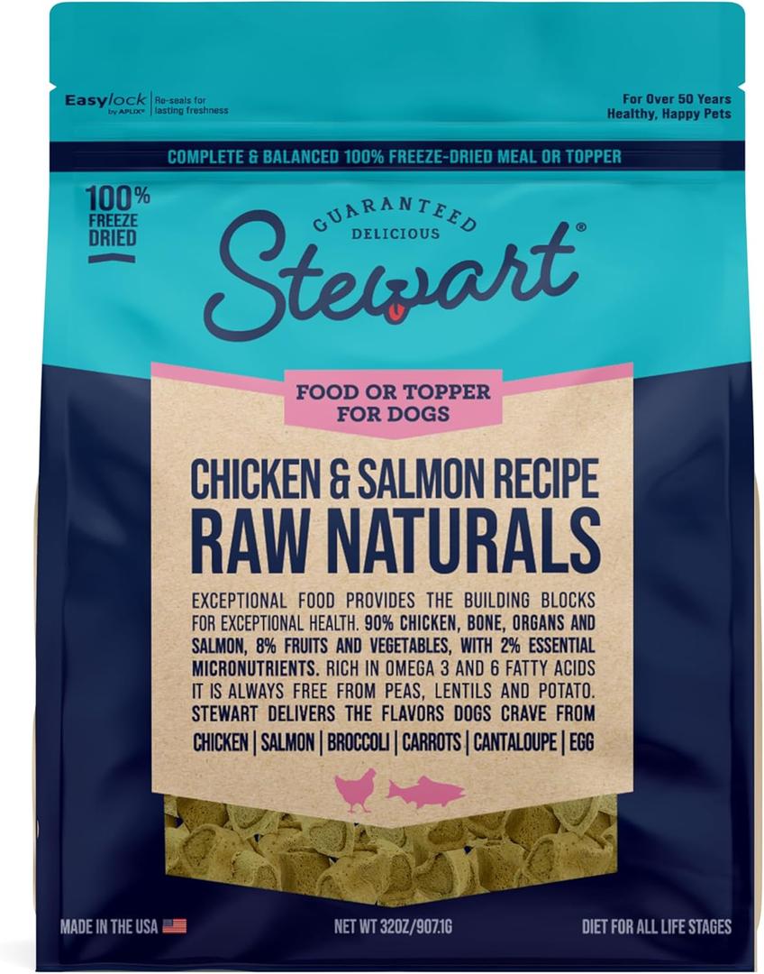 Stewart Raw Naturals Freeze Dried Raw Dog Food or Meal Topper, Chicken and Salmon Recipe, 32 Ounce Bag, Complete and Balanced Nutrition (EXP 06/18/26)