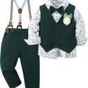YALLET Toddler Baby Boy Clothes Suit Gentleman Wedding Outfits, Formal Dress Shirt+Bowtie+Vest+Boutonniere+Suspender Pants(V Green, 12-18 Months)