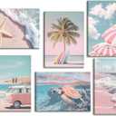 6Pcs Pink Summer Beachy Wall Art Fresh Pink Tropical Ocean Art Print Beach Chairs Starfish Surfboard Palm Tree Wall Decor Retro Coastal Canvas Picture Bus Van Canvas Painting for Bedroom Framed