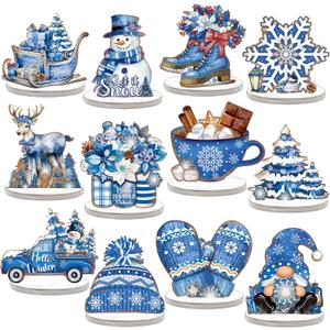 Yousoontic 12 Pcs Christmas Blue Winter Wooden Table Decorations Farmhouse Snowman Elk Gnome Snowflake Santa Wooden Signs Tabletop Centerpieces Christmas Home Decor for Xmas Holiday Party Dinner