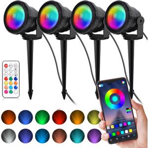 RGB Spotlight Outdoor IP68 Waterproof with Smart APP, 12W Low Voltage Landscape Lighting LED Spot Lights Outdoor Color Changing Uplighting Indoor Halloween Christmas Spotlight Outdoor for Yard, 4 Pack