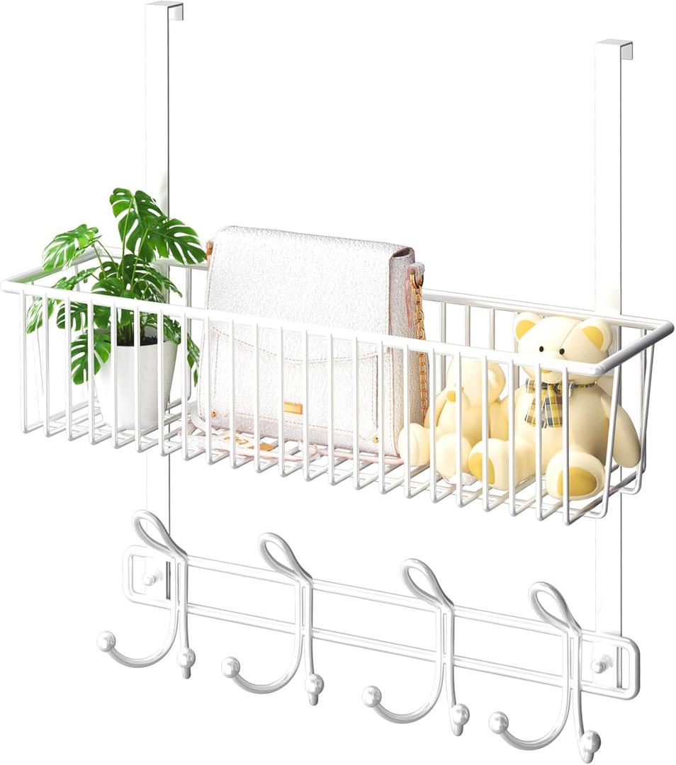Over The Door Hooks Organizer,Door Hanger Door Storage with Basket,Over The Door Towel Rack Coat Hooks with 12 Hooks,for Bathroom,Bedroom,Kitchen,Office,Apartment(White)