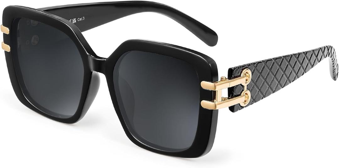 JM Vintage Oversized Square Polarized Sunglasses for WomenRetro Luxury Big Large Sun Glasses UV400 (Black)