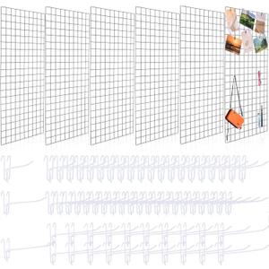 Hicarer 6 Pcs Commercial Grade Gridwall Panels for Display, Heavy Duty Wire Grid Wall Display Rack Metal Wall Mount Grid with 60 White Hooks for Retail Display Home Storage Vendor Events(2 x 4 ft)