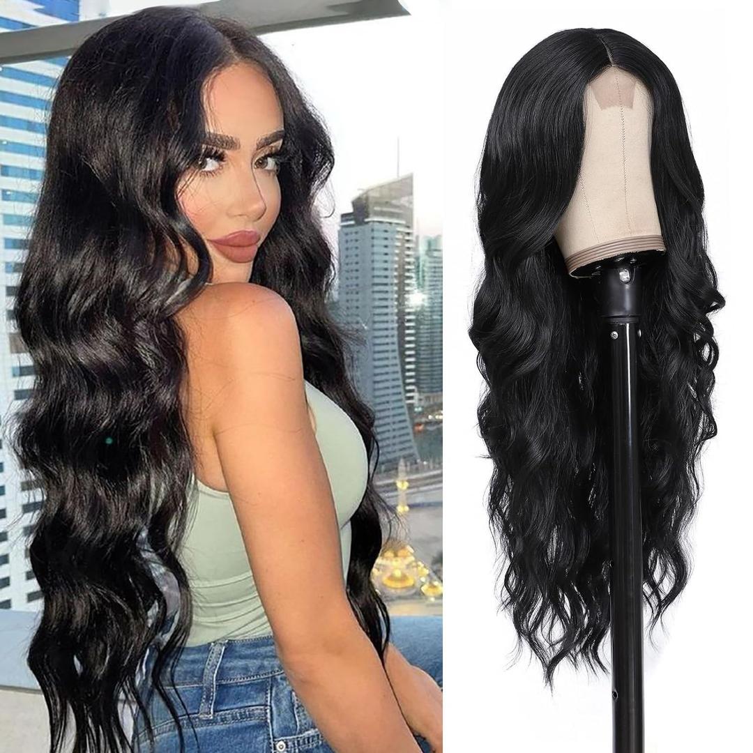 YESEGO Halloween Long Black Wig for Women 26 Inch Synthetic Lace Front Wig Middle Part Curly Wavy Wig Heat Resistant Fiber Natural Body Wave Wigs for Daily Party Use (Black) (1B)