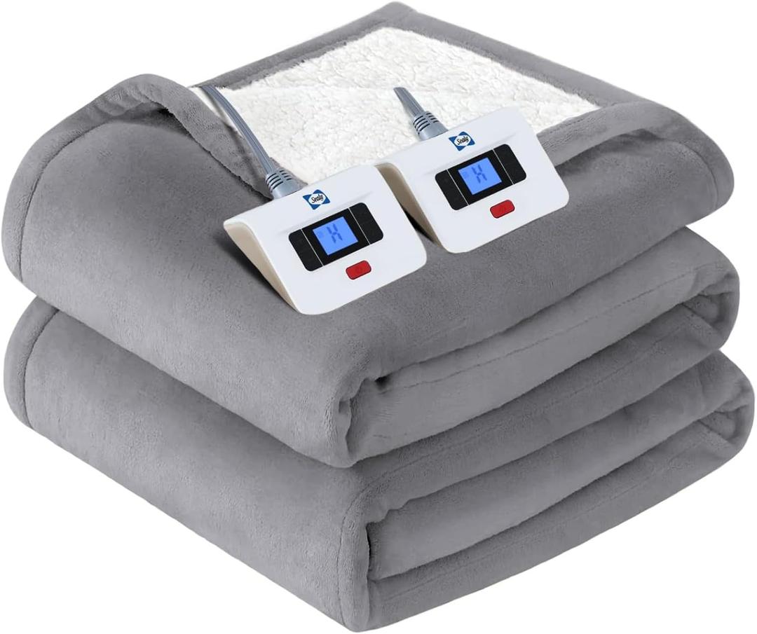 Sealy Electric Blanket Queen Size, Flannel & Sherpa Heated Blanket, 10 Heat Settings, Auto Shut Off, Machine Washable, Light Grey, 84 x 90 Inch